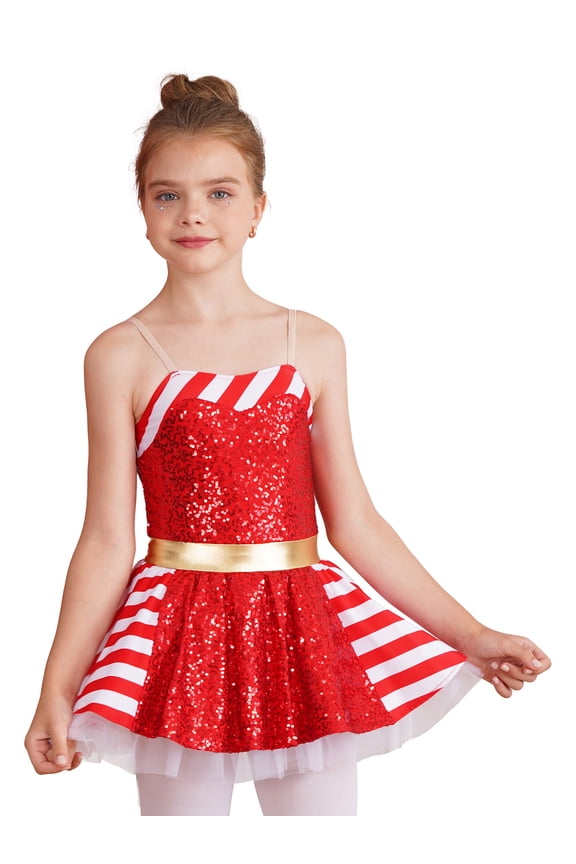 Kids Girls Christmas Striped Sequin Tulle Tutu Dress Candy Cane Dance Dress Ballet Skating Outfits Red 10