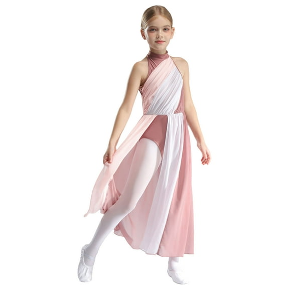 TTAO Kids Girls Color Block Lyrical Dance Dress Tulle Maxi Split Modern Contemporary Dancewear Dusty Pink 10