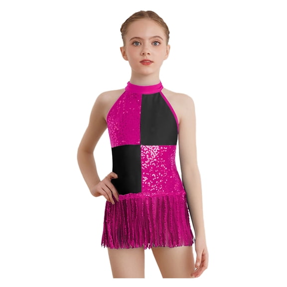 TTAO Kids Girls Color Block Sequins Latin Dance Dress Leotard Fringe Tassel Salsa Rumba Ballroom Competition Dancewear Hot Pink 6
