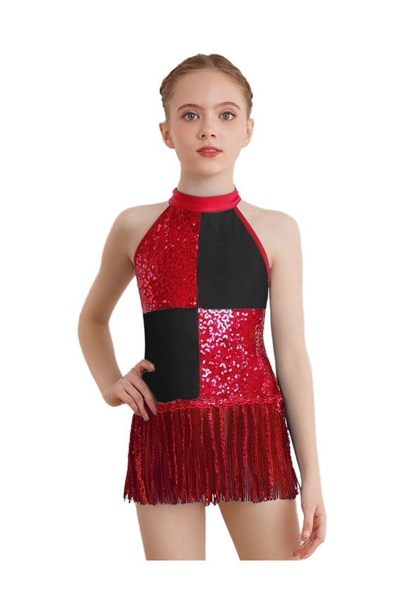 Kids Girls Color Block Sequins Latin Dance Dress Leotard Fringe Tassel Salsa Rumba Ballroom Competition Dancewear Red 6