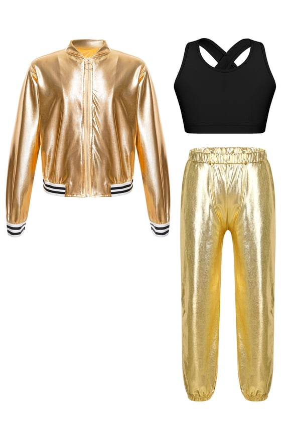 Kids Girls Disco Hip Hop Jazz Dance Outfits Long Sleeve Bomber Jacket Crop Top with Harem Sweatpants Set Gold 6