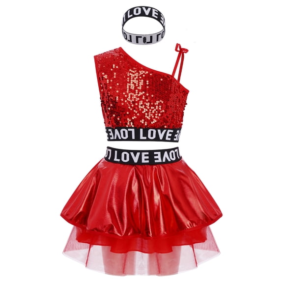 TTAO Kids Girls Disco Hip Hop Jazz Latin Street Dance Outfits Sequins Metallic Vest and Mesh Tutu Skirt Hairband Set Red 9-10