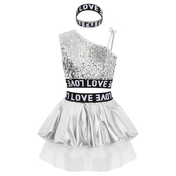 TTAO Kids Girls Disco Hip Hop Jazz Latin Street Dance Outfits Sequins Metallic Vest and Mesh Tutu Skirt Hairband Set Silver 7-8