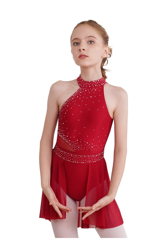 Kids Girls Figure Ice Skating Dress Sparkly Lyrical Dance Gymnastic Ballet Leotard Dancewear Burgundy 8