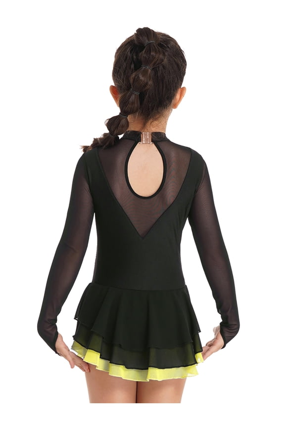 Kids Girls Figure Skating Costumes Performance Gymnastics Leotard Dress for Competition Dancewear Yellow 10