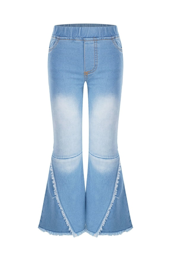 Kids Girls Flare Jeans Ripped Denim Pants Raw Hem Bell Bottom Trousers 6-16 Years Old Light Blue 14