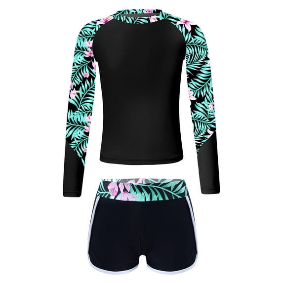TTAO Kids Girls Floral Print Swimsuit Long Sleeve Rash Guard Swim Tops with Booty Shorts Swim Set Lily 12