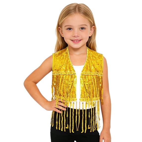 TTAO Kids Girls Fringe Sequin Vest Street Jazz Dance Crop Top Sleeveless Open Front Cowgirl Tassel Jacket Gold 12
