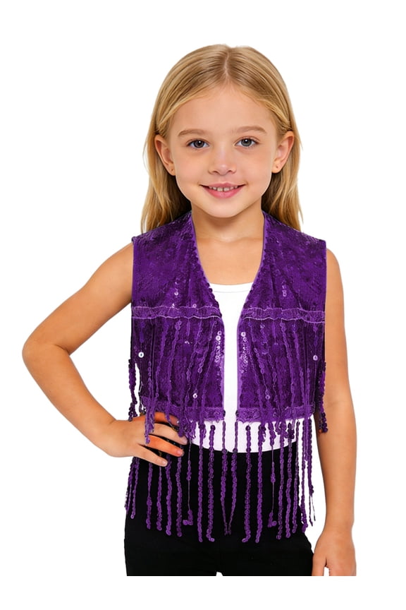 Kids Girls Fringe Sequin Vest Street Jazz Dance Crop Top Sleeveless Open Front Cowgirl Tassel Jacket Purple 10