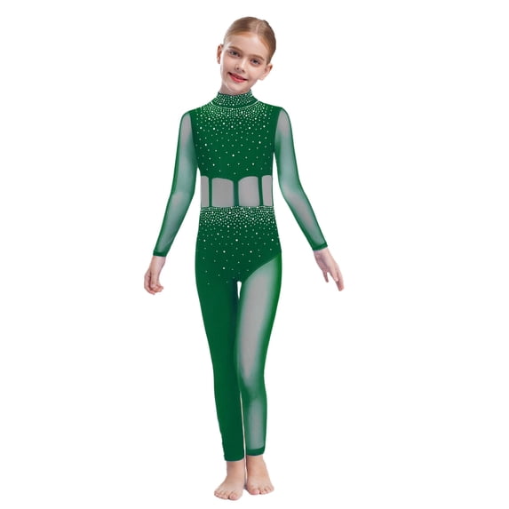 TTAO Kids Girls Full Body Dance Unitards Ballet Gymnastics Clothes Mesh Splice Figure Skating Jumpsuit Green 6