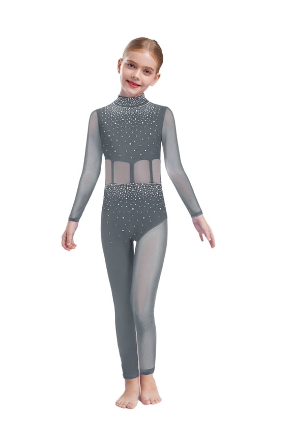 Kids Girls Full Body Dance Unitards Ballet Gymnastics Clothes Mesh Splice Figure Skating Jumpsuit Grey 6