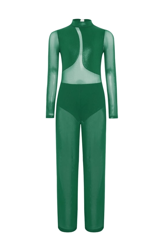 Kids Girls Full Body Leotard One Piece Gymnastics Skating Romper Latin Jazz Overalls Long Sleeve Unitard Green 6