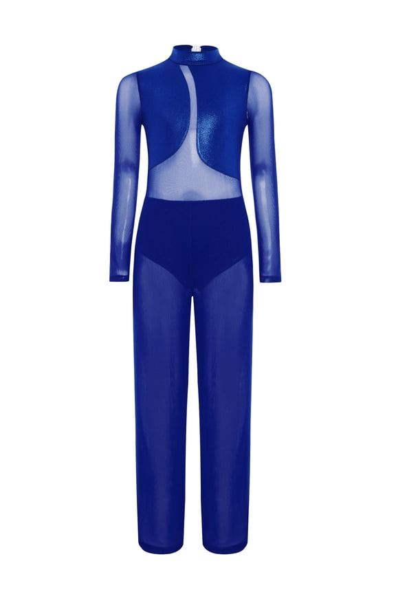 Kids Girls Full Body Leotard One Piece Gymnastics Skating Romper Latin Jazz Overalls Long Sleeve Unitard Navy Blue 6