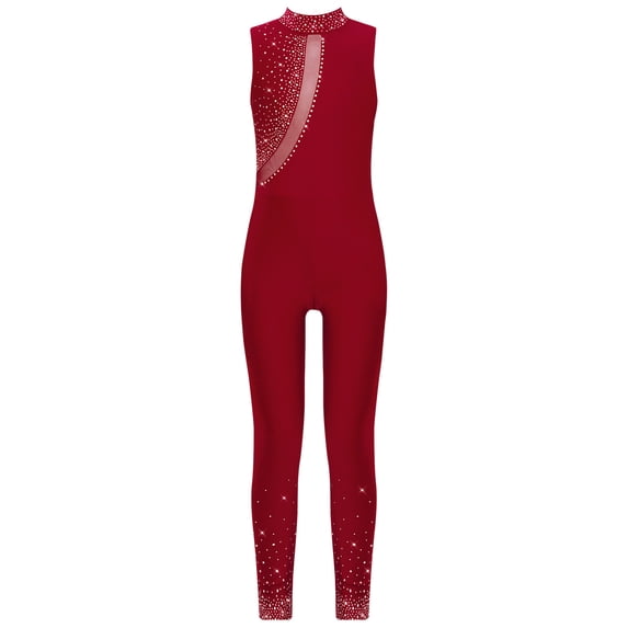 TTAO Kids Girls Full Body Unitard Shiny Diamond Mock Neck Sleeveless Jumpsuit Skating Bodysuit Dancewear Burgundy 10