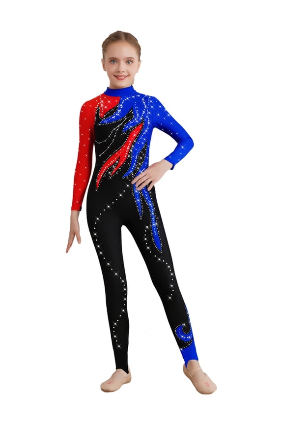 Kids Girls Full Body Unitard Sparkle Rhinestones Gymnastics Leotard Dance Bodysuit Long Sleeve Jumpsuit Red&Blue 6