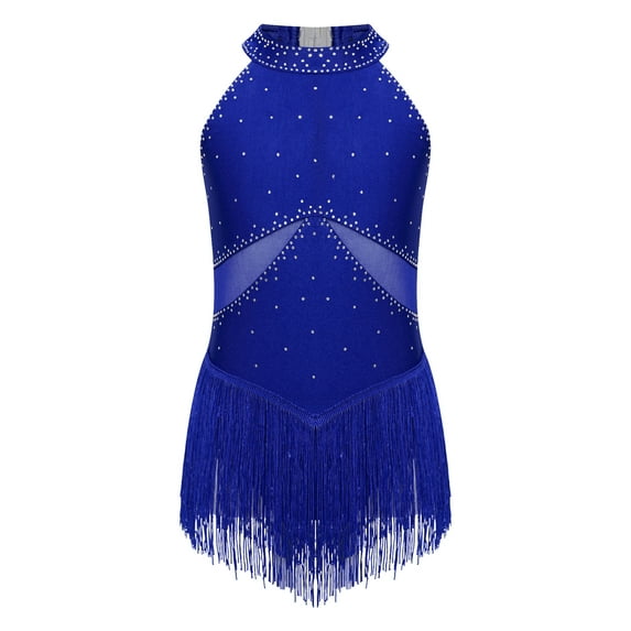 TTAO Kids Girls Glittery Ballet Dance Latin Jazz Dress Keyhole Back Leotard with Tassel Skirts Outfits Blue 14