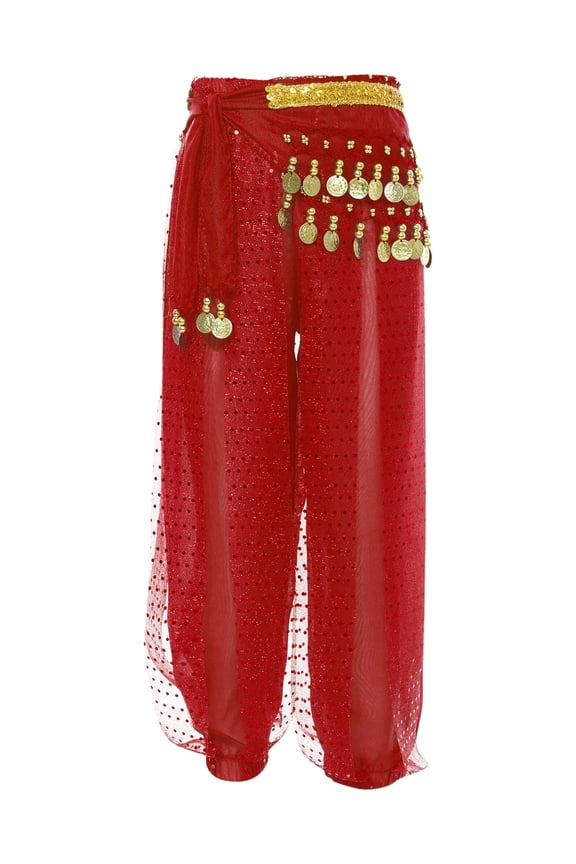 Kids Girls Harem Pants Tribal Arabic Trousers with Hip Scarf Belly Dance Performance Costume Red 5-7
