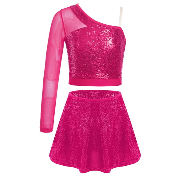 TTAO Kids Girls Hip Hop Jazz Latin Dance Outfit Sparkly One Shoulder Gymnastics Crop Top with Skirt Set Hot Pink 8