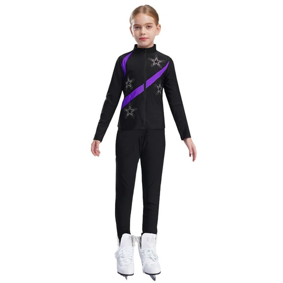 TTAO Kids Girls Ice Figure Skating Jacket Suit Long Sleeve Stars Print Blazer with Leggings for Skate Race Purple 14