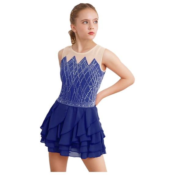 TTAO Kids Girls Ice Skating Dance Dress Sleeveless Shiny Rhinestone Mesh Patchwork Tiered Ruffled Leotard Navy Blue 12