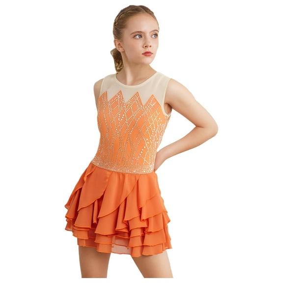 TTAO Kids Girls Ice Skating Dance Dress Sleeveless Shiny Rhinestone Mesh Patchwork Tiered Ruffled Leotard Orange 12