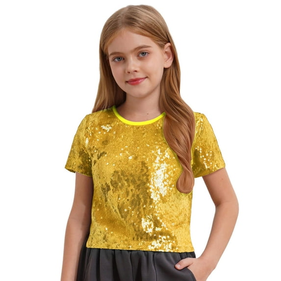 TTAO Kids Girls Jazz Dance Tops Round Neck Short Sleeve Sparkling Sequin Crop Top for Hip-hop Stage Performance Gold 2-6