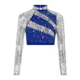thumbnail image 1 of TTAO Kids Girls Jazz Hip Hop Ballet Dance Crop Tops Long Sleeve Rhinestone Color Block Gymnastics Shirts Dancewear Blue 10, 1 of 5