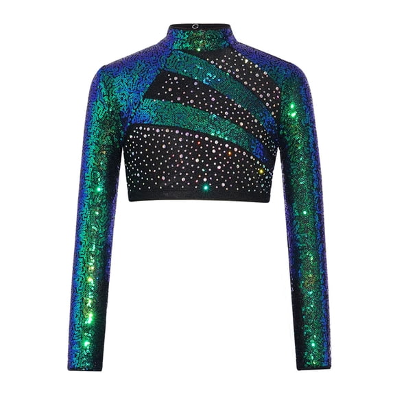 TTAO Kids Girls Jazz Hip Hop Ballet Dance Crop Tops Long Sleeve Rhinestone Color Block Gymnastics Shirts Dancewear Green 8