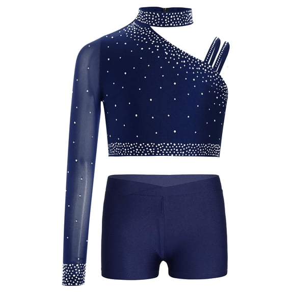 TTAO Kids Girls Jazz Hip Hop Dance Set One Shoulder Long Sleeve Sequins Crop Tops with Athletic Shorts Set Navy Blue 8