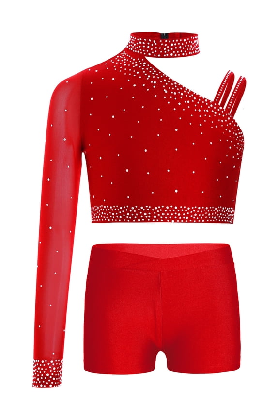 Kids Girls Jazz Hip Hop Dance Set One Shoulder Long Sleeve Sequins Crop Tops with Athletic Shorts Set Red 10