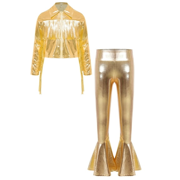 TTAO Kids Girls Jazz Hip Hop Modern Dance Outfits Long Sleeve Metallic Bomber Jacket and Flared Pants Set Tracksuit Gold 12