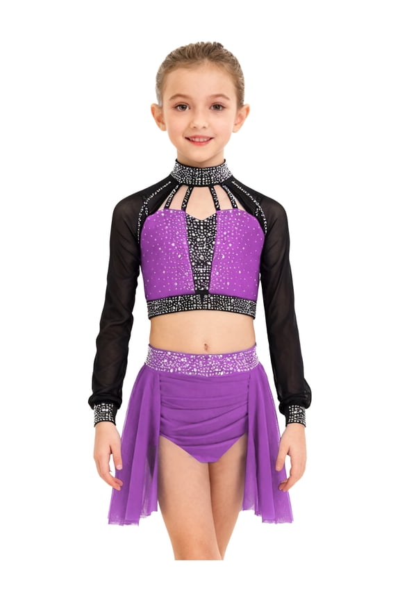 Kids Girls Jazz Latin Lyrical Dance Dress Crop Top With Skirted Leotard Dancewear 2 Piece Ballet Dance Outfits Purple 10