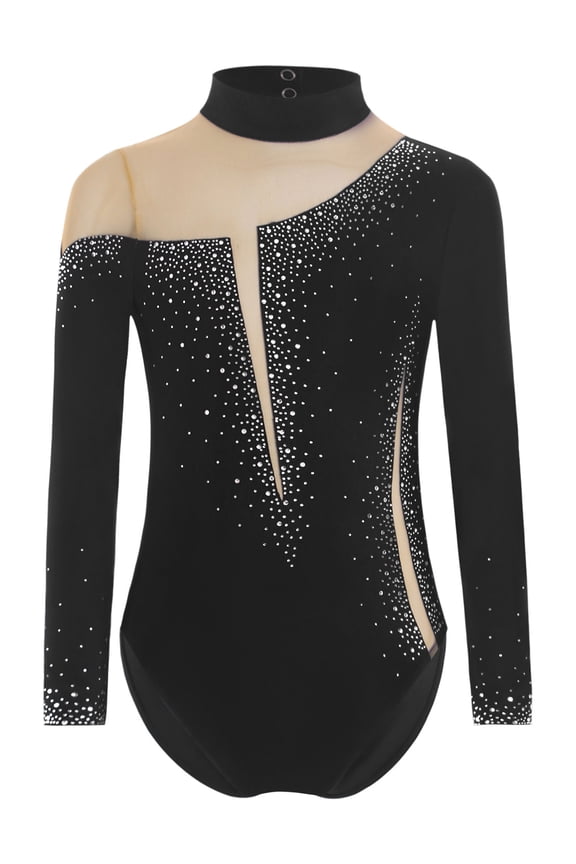 Kids Girls Long Sleeve Figure Skating Bodysuit Sparkly Rhinestone Gymnastics Ballet Dance Leotard Dancewear Black 8