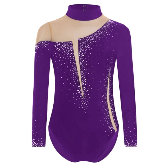 TTAO Kids Girls Long Sleeve Figure Skating Bodysuit Sparkly Rhinestone Gymnastics Ballet Dance Leotard Dancewear Purple 12