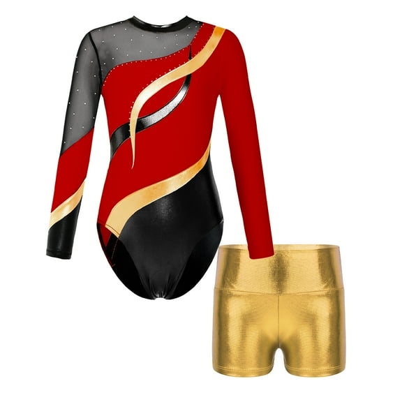 TTAO Kids Girls Long Sleeve Gymnastic Leotard Unitard Ballet Dance Bodysuit with Shorts Set Stage Performance Red&Gold 12