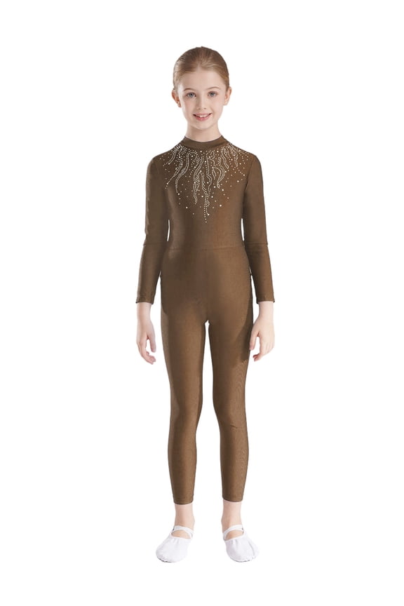 Kids Girls Long Sleeve Gymnastics Leotard Full Body Ballet Dance Unitard Shiny Figure Skating Jumpsuit Brown 6