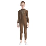 TTAO Kids Girls Long Sleeve Gymnastics Leotard Full Body Ballet Dance Unitard Shiny Figure Skating Jumpsuit Brown 6