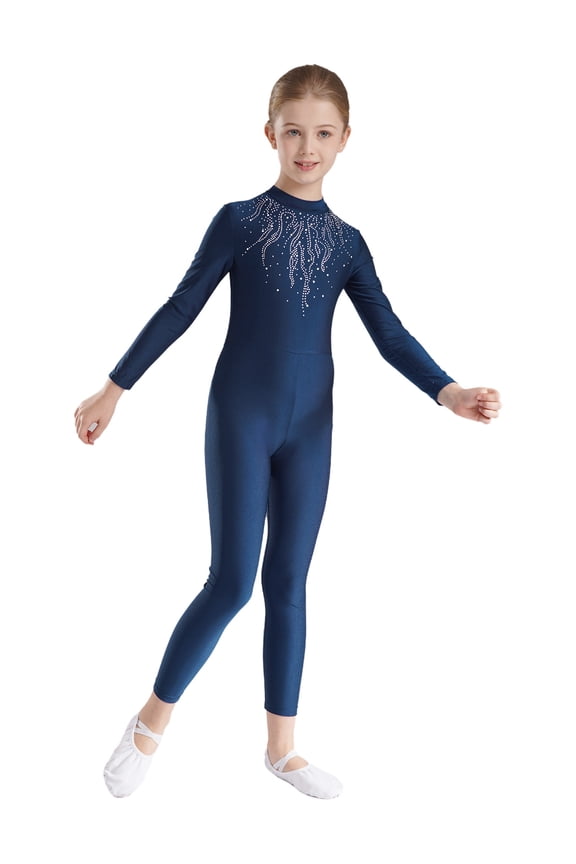 Kids Girls Long Sleeve Gymnastics Leotard Full Body Ballet Dance Unitard Shiny Figure Skating Jumpsuit Navy Blue 14
