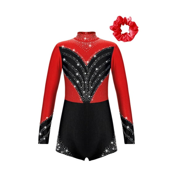 TTAO Kids Girls Long Sleeve Gymnastics Leotard Shorty Jumpsuit Yoga Skating Dance Unitard with Hair Band Set Red 12