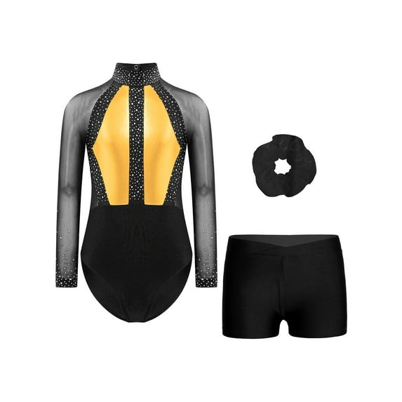 TTAO Kids Girls Long Sleeve Gymnastics Leotards 3 Piece Tumbling Outfits Dance Unitard with Shorts Hairband Gold&Black 12