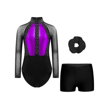 Dance Leotards For Girls Gogokids Gymnastics Leotards For Girls, Kids Glitter Stars Dance Unitards Biketards With Shorts Matching Hair Scrunchie Black Leotard Girls