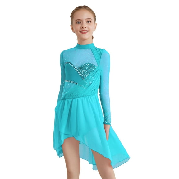 TTAO Kids Girls Long Sleeve Lyrical Dance Dress Shiny Rhinestones Leotard with Wrap Skirt Ice Skating Dress Blue Green 10