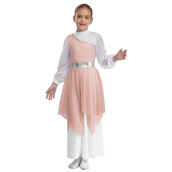 TTAO Kids Girls Long Sleeve Praise Dance Dress Loose Fit Church Robe Gown Worship Liturgical Lyrical Dancewear Pink 16