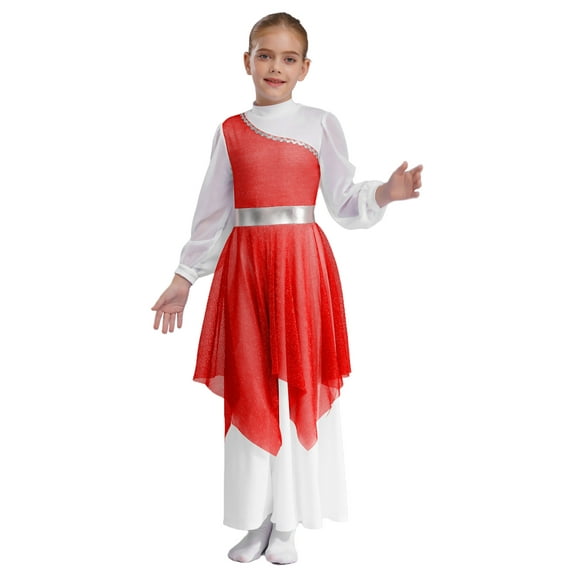 TTAO Kids Girls Long Sleeve Praise Dance Dress Loose Fit Church Robe Gown Worship Liturgical Lyrical Dancewear Red 6
