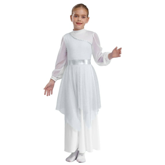 TTAO Kids Girls Long Sleeve Praise Dance Dress Loose Fit Church Robe Gown Worship Liturgical Lyrical Dancewear Silver 12