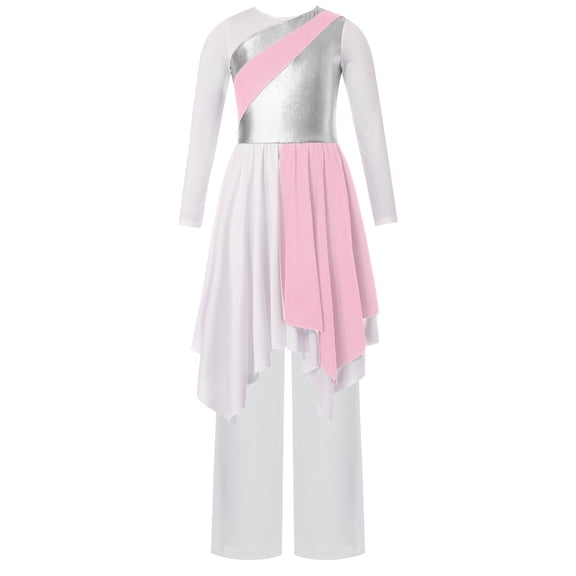 TTAO Kids Girls Long Sleeve Praise Dance Dress Metallic Liturgical Worship Lyrical Tunic Robe with Wide Leg Pants Set Pink 16