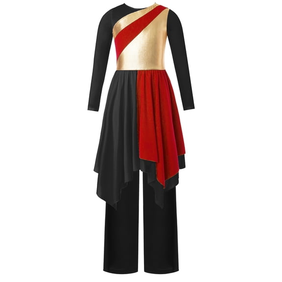 TTAO Kids Girls Long Sleeve Praise Dance Dress Metallic Liturgical Worship Lyrical Tunic Robe with Wide Leg Pants Set Red 16