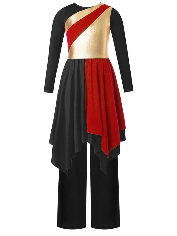 Kids Girls Long Sleeve Praise Dance Dress Metallic Liturgical Worship Lyrical Tunic Robe with Wide Leg Pants Set Red 6