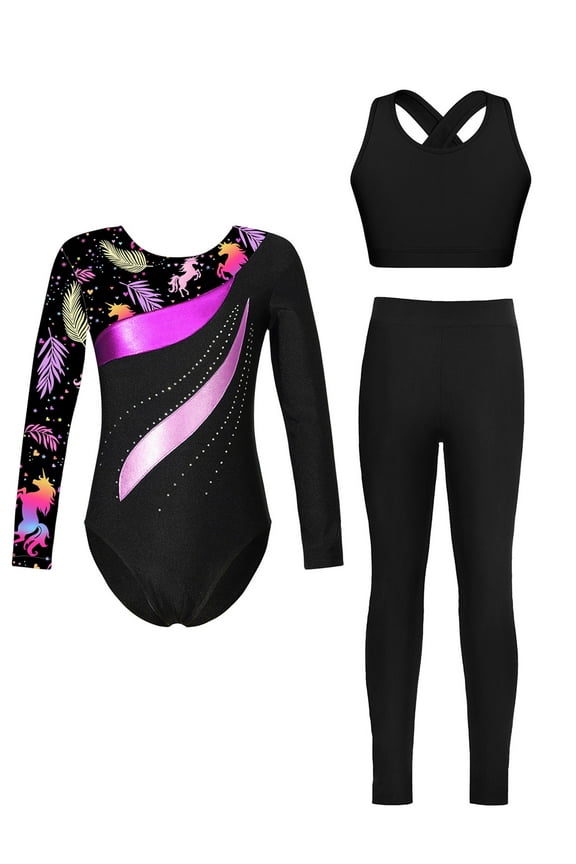 Kids Girls Long Sleeve Printed Gymnastics Leotard Jumpsuit Ballet Dance Bodysuit Vest and Skating Tights Leggings Set Black 6