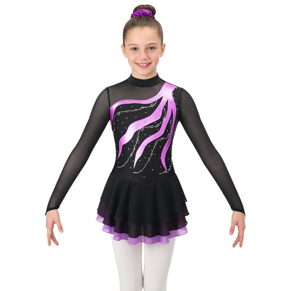 TTAO Kids Girls Long Sleeve Rhinestone Mesh Tutu Figure Ice Skating Dress with Hair Scrunchies Set Performance Dancewear Purple 10